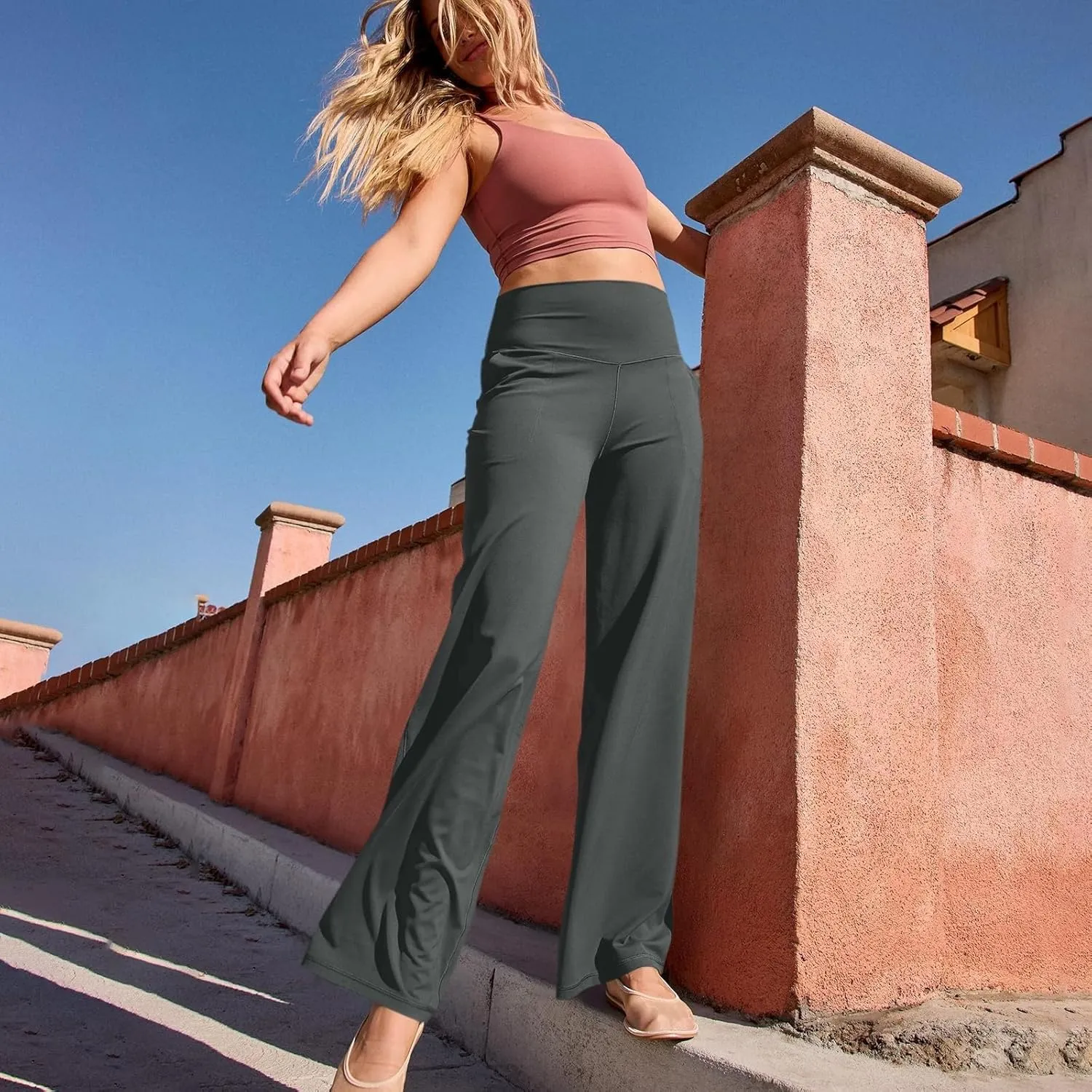 Women Wide Leg Yoga Pants with Pockets High Waist Straight Leg Dress Loose Yoga Pants Tummy Control Flare Leggings