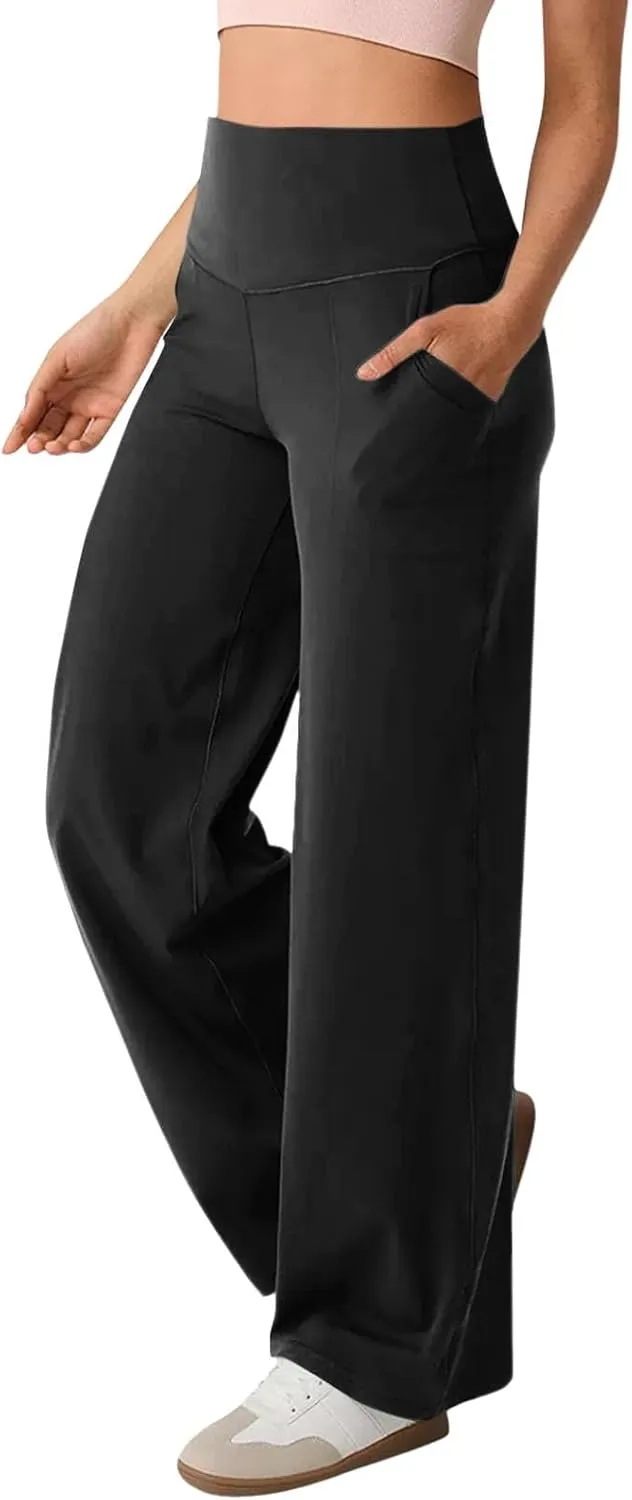 Women Wide Leg Yoga Pants with Pockets High Waist Straight Leg Dress Loose Yoga Pants Tummy Control Flare Leggings