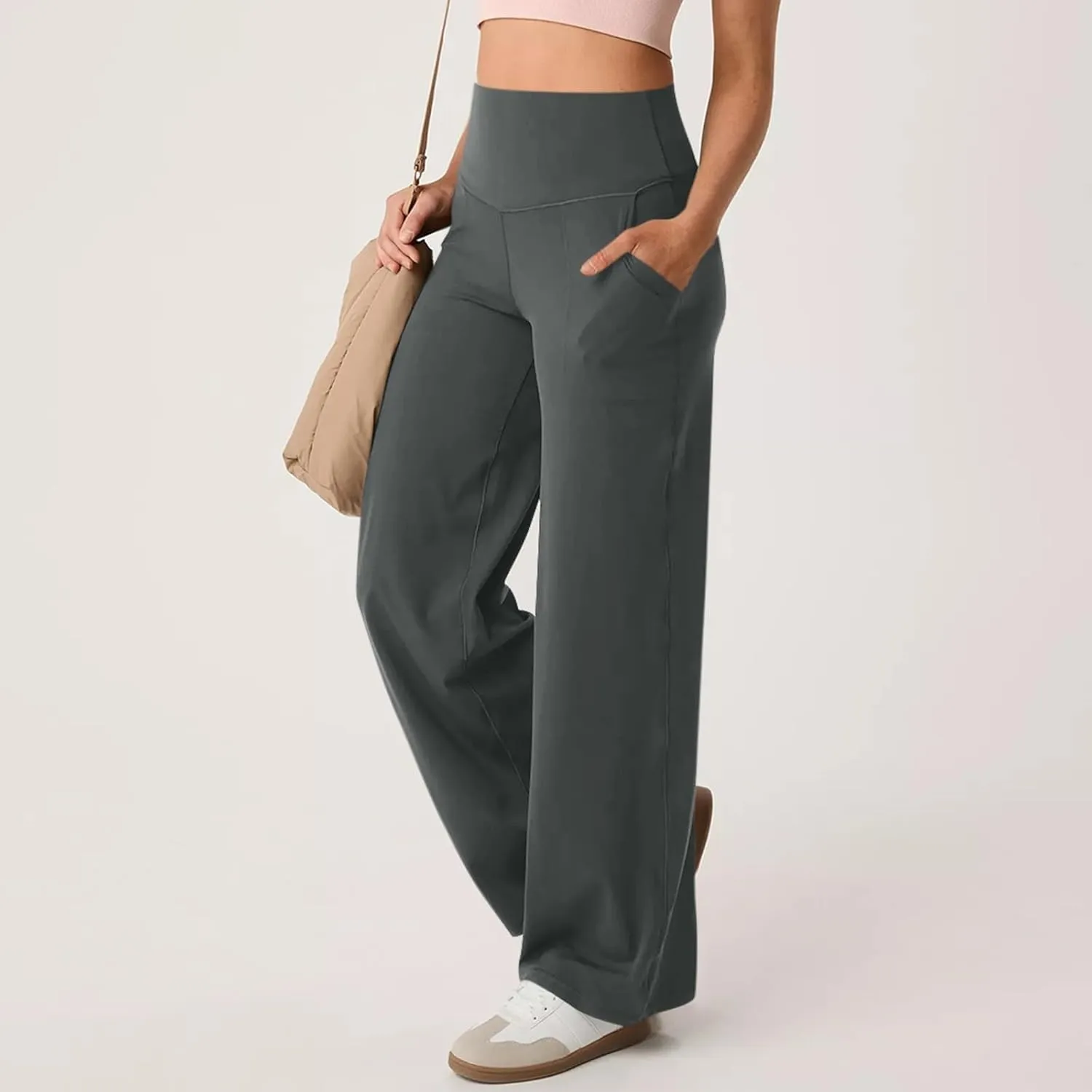 Women Wide Leg Yoga Pants with Pockets High Waist Straight Leg Dress Loose Yoga Pants Tummy Control Flare Leggings