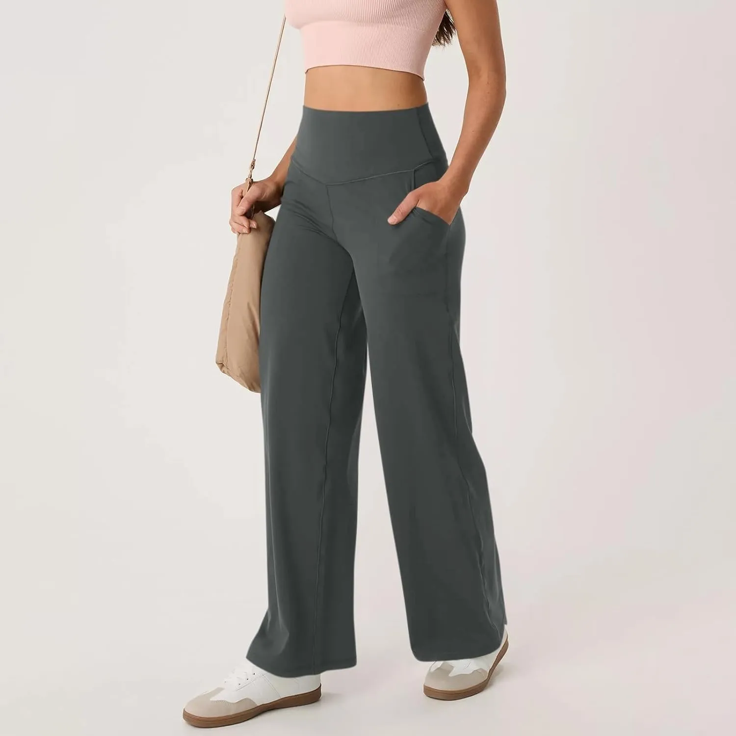 Women Wide Leg Yoga Pants with Pockets High Waist Straight Leg Dress Loose Yoga Pants Tummy Control Flare Leggings