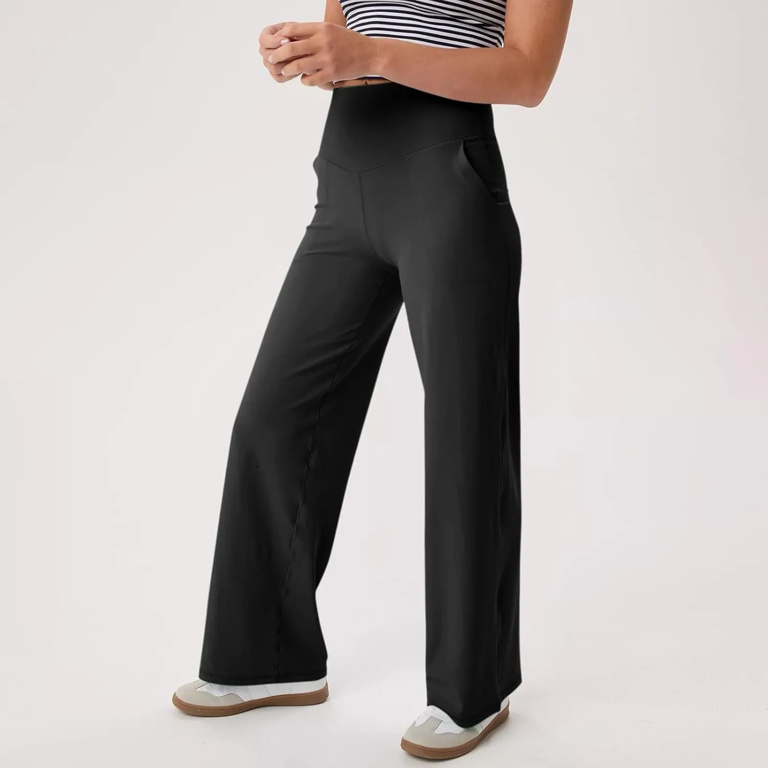 Women Wide Leg Yoga Pants with Pockets High Waist Straight Leg Dress Loose Yoga Pants Tummy Control Flare Leggings