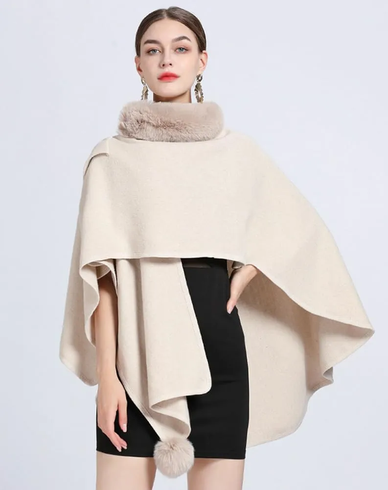 Women Winter Chunky Fuzzy Collar Cape Sweater Warm Cozy Knitted Cardigan Coat Shawl Wraps Cross Front Poncho Pashmina