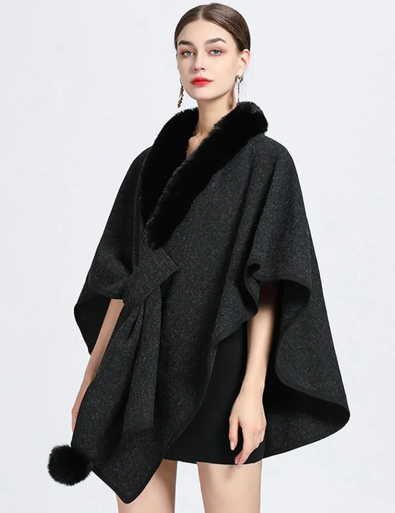 Women Winter Chunky Fuzzy Collar Cape Sweater Warm Cozy Knitted Cardigan Coat Shawl Wraps Cross Front Poncho Pashmina