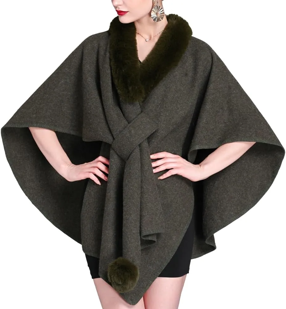 Women Winter Chunky Fuzzy Collar Cape Sweater Warm Cozy Knitted Cardigan Coat Shawl Wraps Cross Front Poncho Pashmina