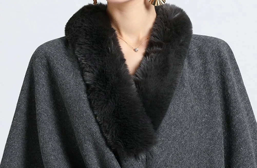 Women Winter Chunky Fuzzy Collar Cape Sweater Warm Cozy Knitted Cardigan Coat Shawl Wraps Cross Front Poncho Pashmina