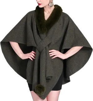 Women Winter Chunky Fuzzy Collar Cape Sweater Warm Cozy Knitted Cardigan Coat Shawl Wraps Cross Front Poncho Pashmina