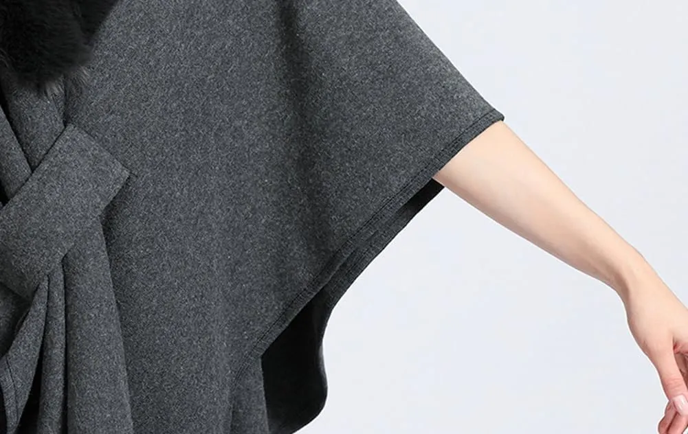 Women Winter Chunky Fuzzy Collar Cape Sweater Warm Cozy Knitted Cardigan Coat Shawl Wraps Cross Front Poncho Pashmina