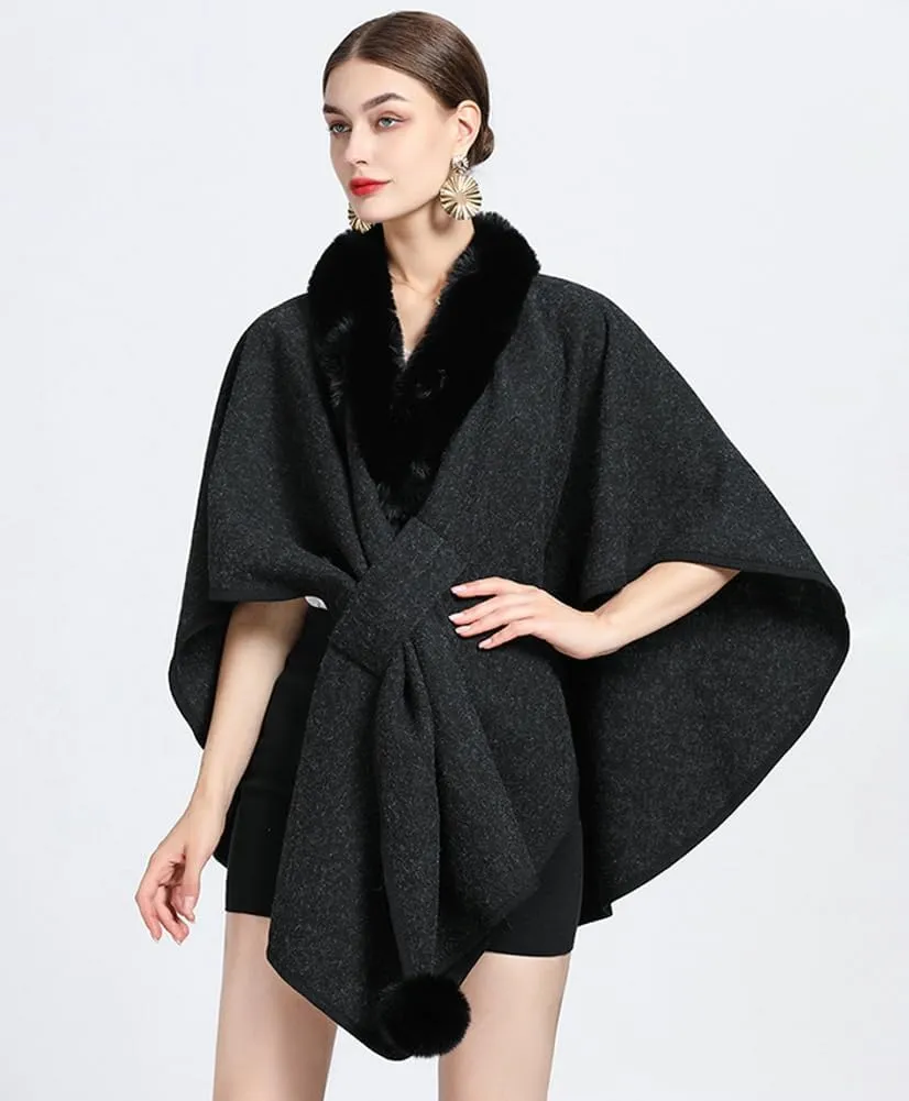 Women Winter Chunky Fuzzy Collar Cape Sweater Warm Cozy Knitted Cardigan Coat Shawl Wraps Cross Front Poncho Pashmina