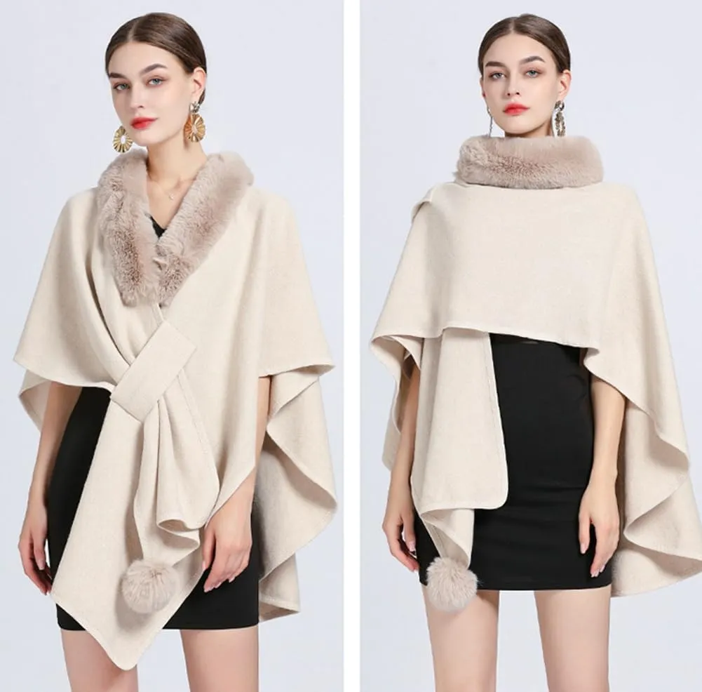 Women Winter Chunky Fuzzy Collar Cape Sweater Warm Cozy Knitted Cardigan Coat Shawl Wraps Cross Front Poncho Pashmina