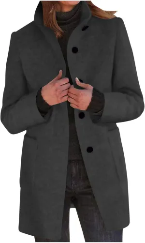 Women Wool Jacket Blend Winter Mid Long Trench Coat Stand Collar Single Breasted Warm Pea Overcoat with Pockets