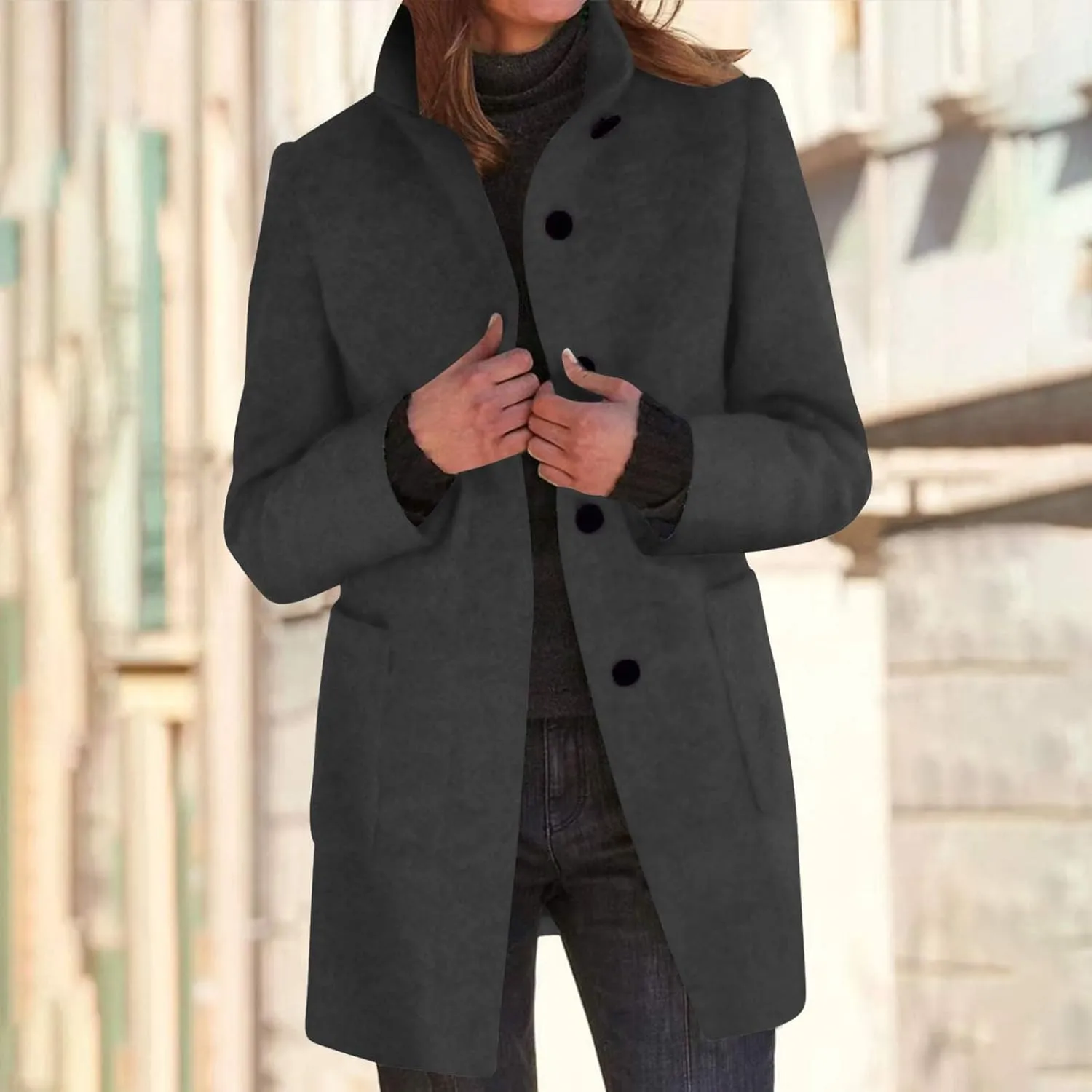 Women Wool Jacket Blend Winter Mid Long Trench Coat Stand Collar Single Breasted Warm Pea Overcoat with Pockets