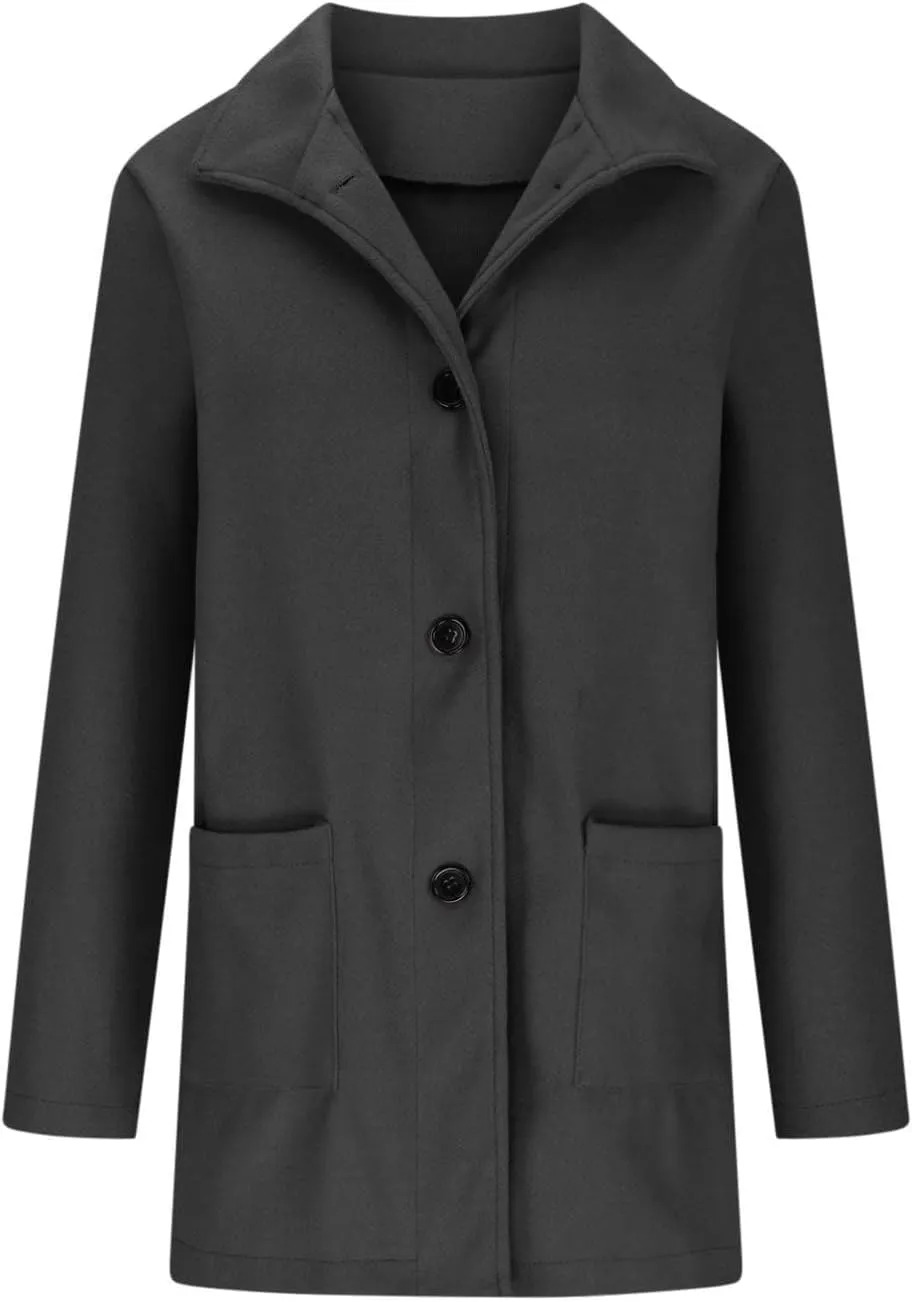 Women Wool Jacket Blend Winter Mid Long Trench Coat Stand Collar Single Breasted Warm Pea Overcoat with Pockets