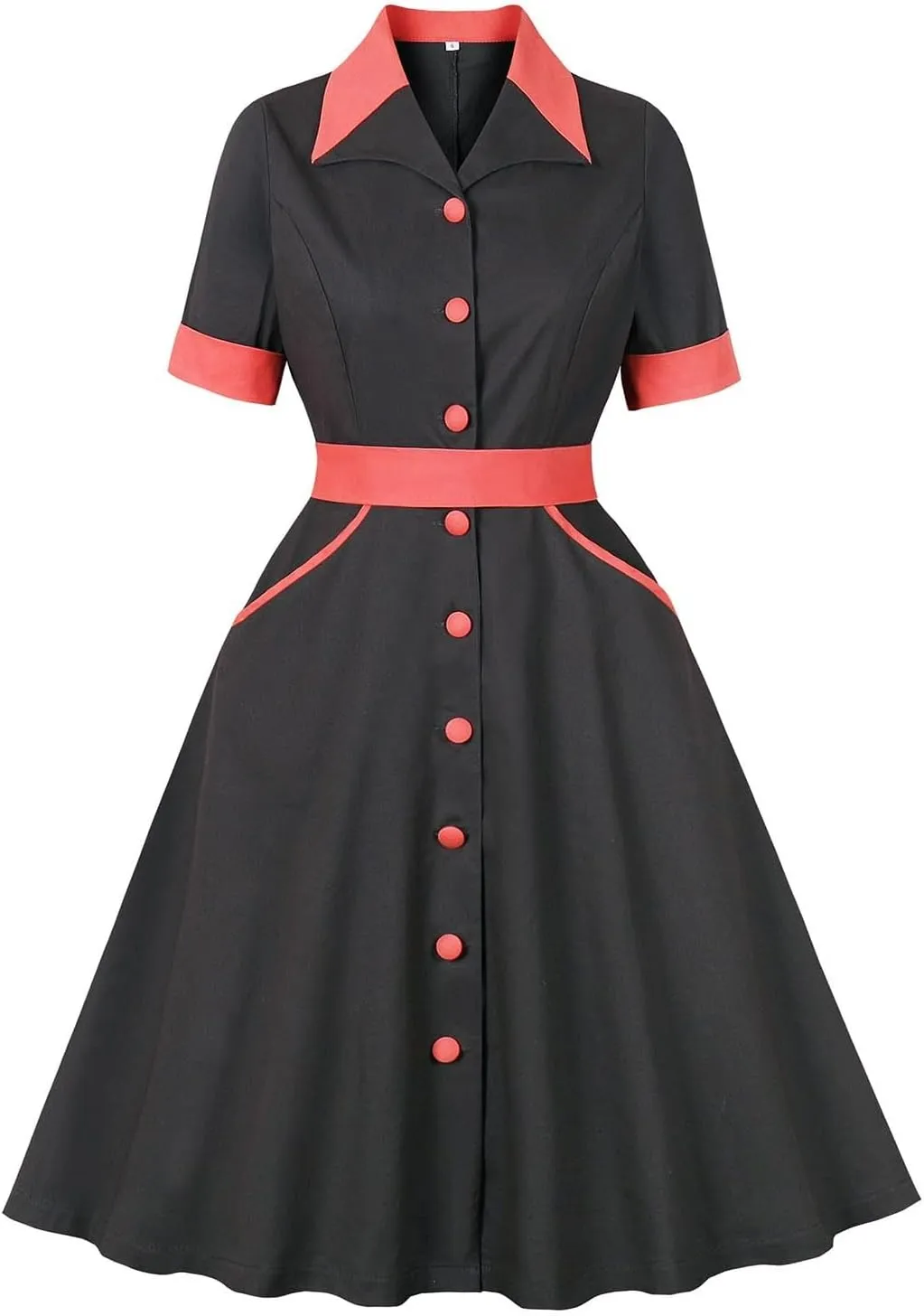 Womens 1950s Vintage Striped Cocktail Dresses Hepburn Style Doll Collar Short Sleeve A-Line Swing Dress with Pockets