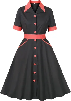 Womens 1950s Vintage Striped Cocktail Dresses Hepburn Style Doll Collar Short Sleeve A-Line Swing Dress with Pockets