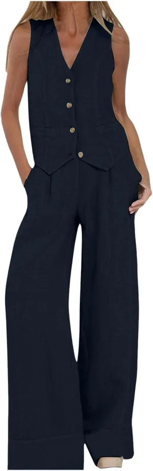Womens 2 Piece Sets Summer Button Down Vest and Wide Leg Pants Suits Linen Business Casual Outfits V Neck Blazer Sets
