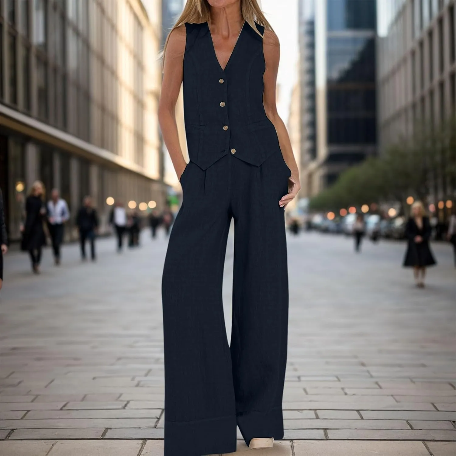 Womens 2 Piece Sets Summer Button Down Vest and Wide Leg Pants Suits Linen Business Casual Outfits V Neck Blazer Sets