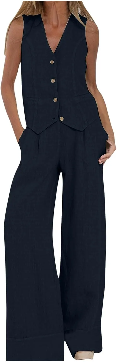 Womens 2 Piece Sets Summer Button Down Vest and Wide Leg Pants Suits Linen Business Casual Outfits V Neck Blazer Sets