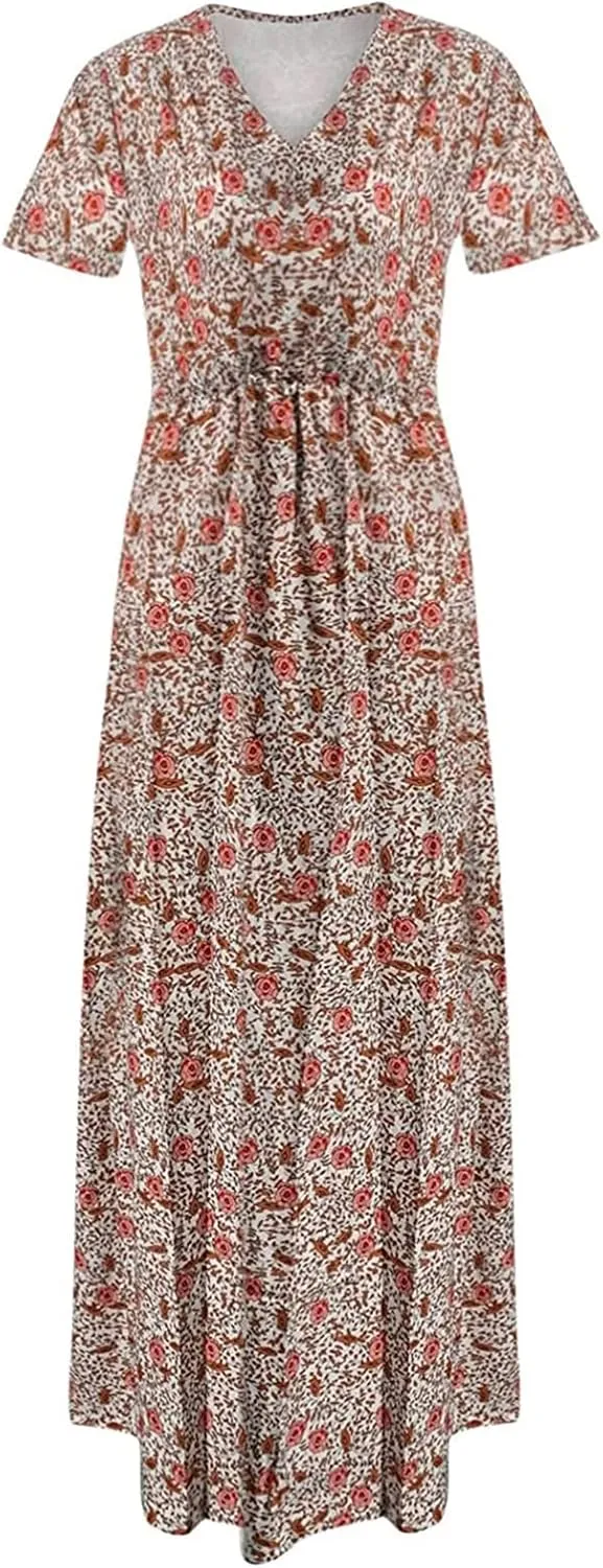 Women's 2025 Summer Boho Dresses Floral Short Sleeve Maxi Dress Sexy V Neck Swing Dress Slit Long Dresses Sundresses