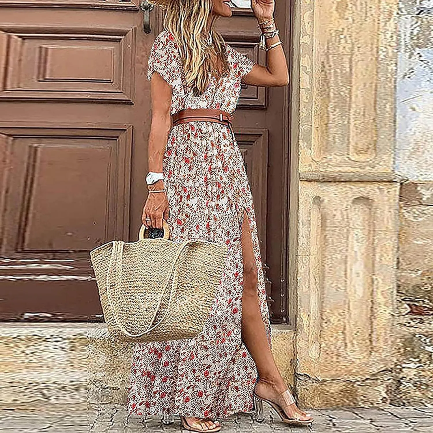 Women's 2025 Summer Boho Dresses Floral Short Sleeve Maxi Dress Sexy V Neck Swing Dress Slit Long Dresses Sundresses