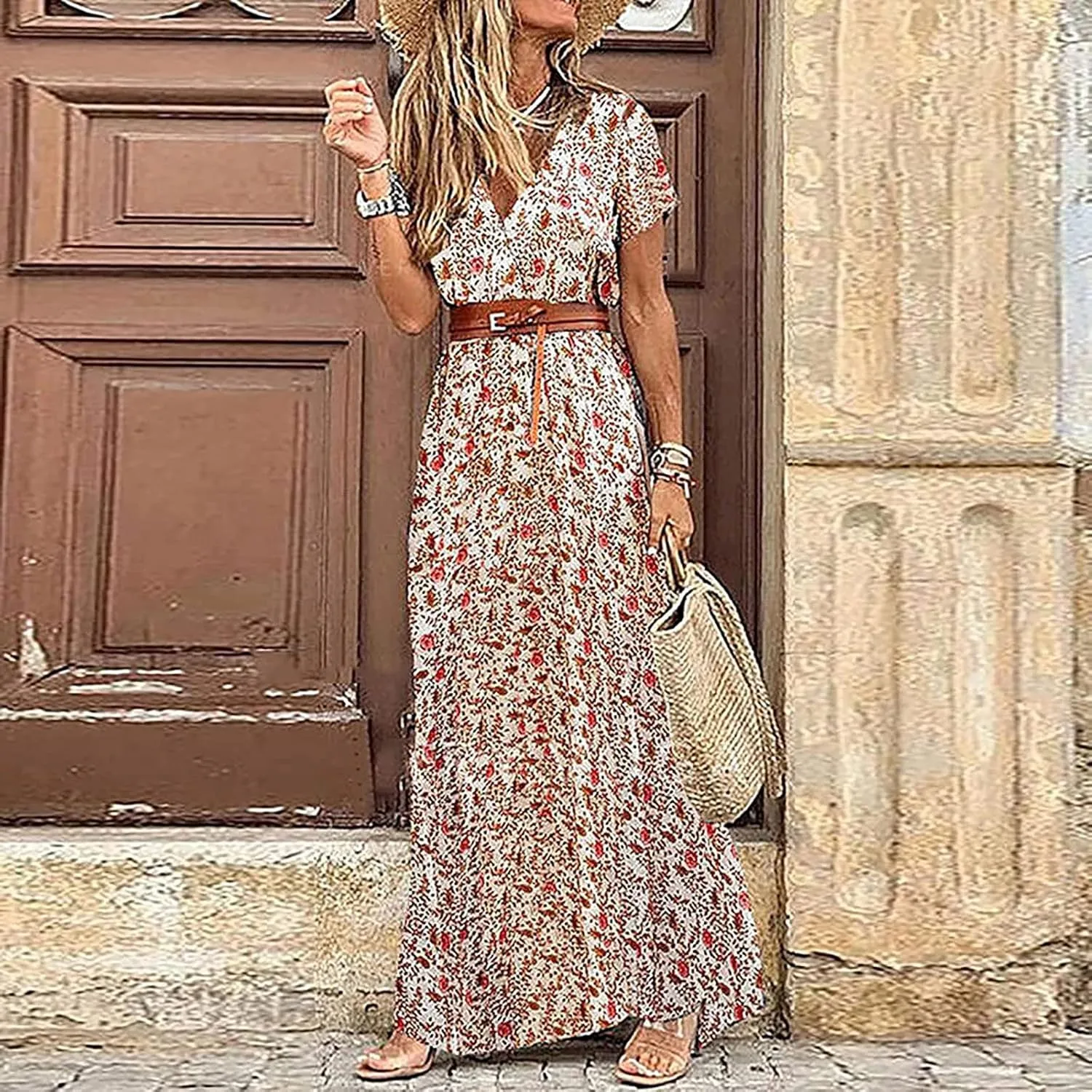 Women's 2025 Summer Boho Dresses Floral Short Sleeve Maxi Dress Sexy V Neck Swing Dress Slit Long Dresses Sundresses