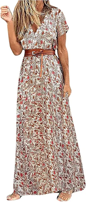 Women's 2025 Summer Boho Dresses Floral Short Sleeve Maxi Dress Sexy V Neck Swing Dress Slit Long Dresses Sundresses