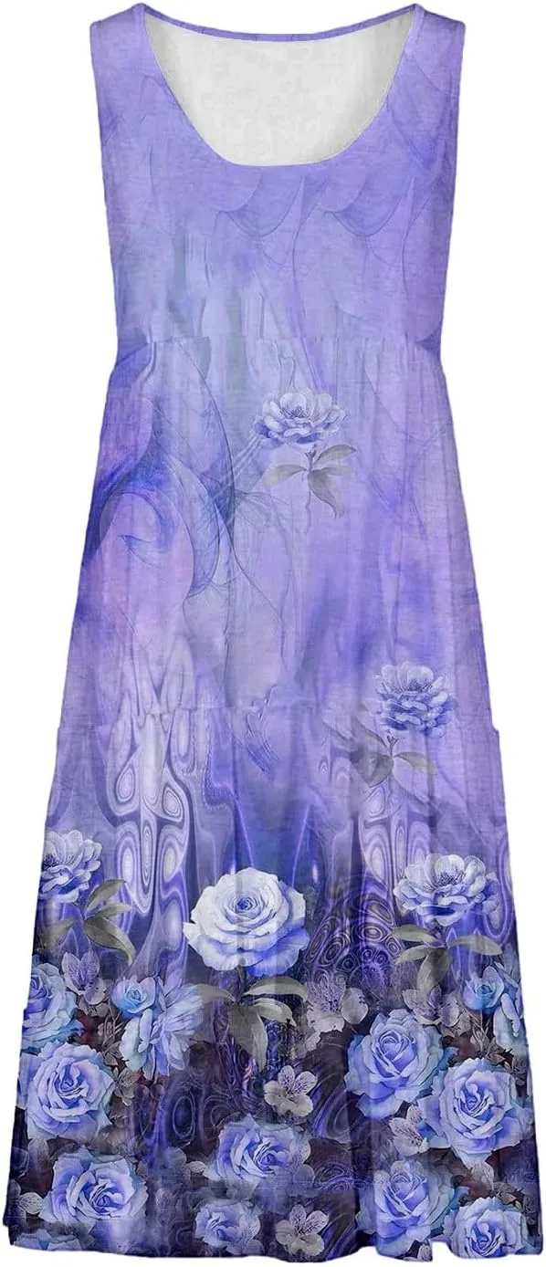 Women's 2025 Summer Casual Floral Dresses Sleeveless Boho Sundresses Vacation Loose Flowy Midi Dress