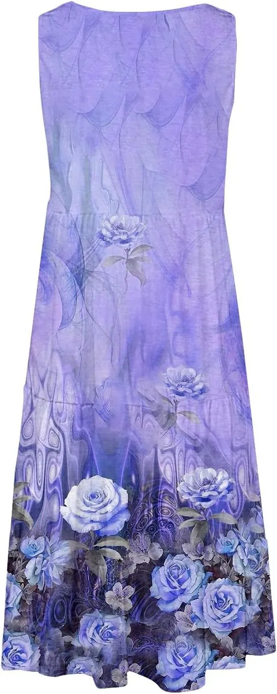 Women's 2025 Summer Casual Floral Dresses Sleeveless Boho Sundresses Vacation Loose Flowy Midi Dress
