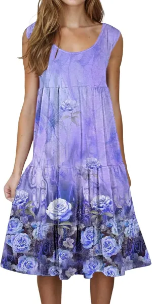 Women's 2025 Summer Casual Floral Dresses Sleeveless Boho Sundresses Vacation Loose Flowy Midi Dress