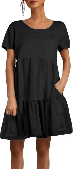 Womens 2025 Summer Dresses Round Neck Dress Casual and Comfortable Cotton Short Sleeves Beach Dress with Pockets