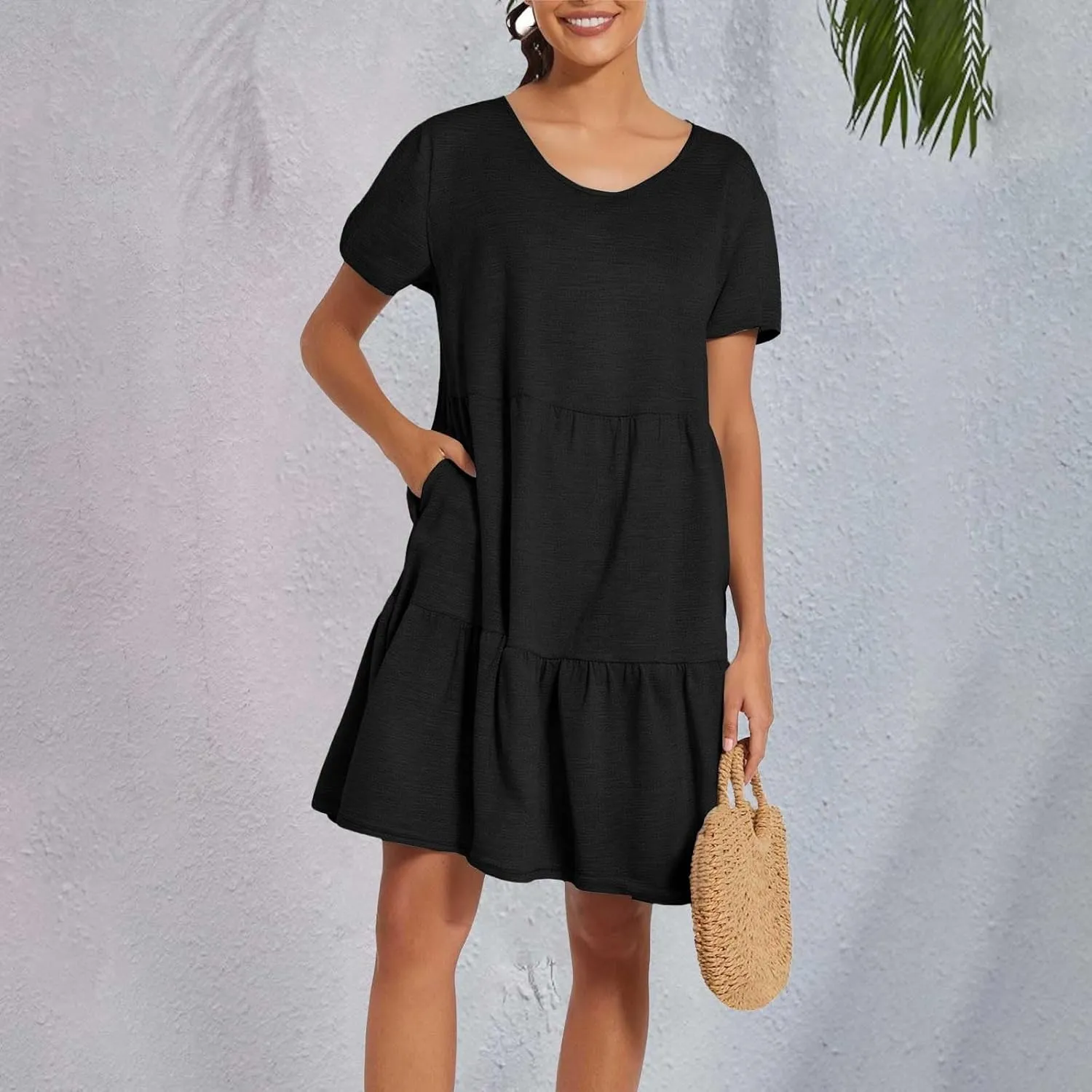 Womens 2025 Summer Dresses Round Neck Dress Casual and Comfortable Cotton Short Sleeves Beach Dress with Pockets
