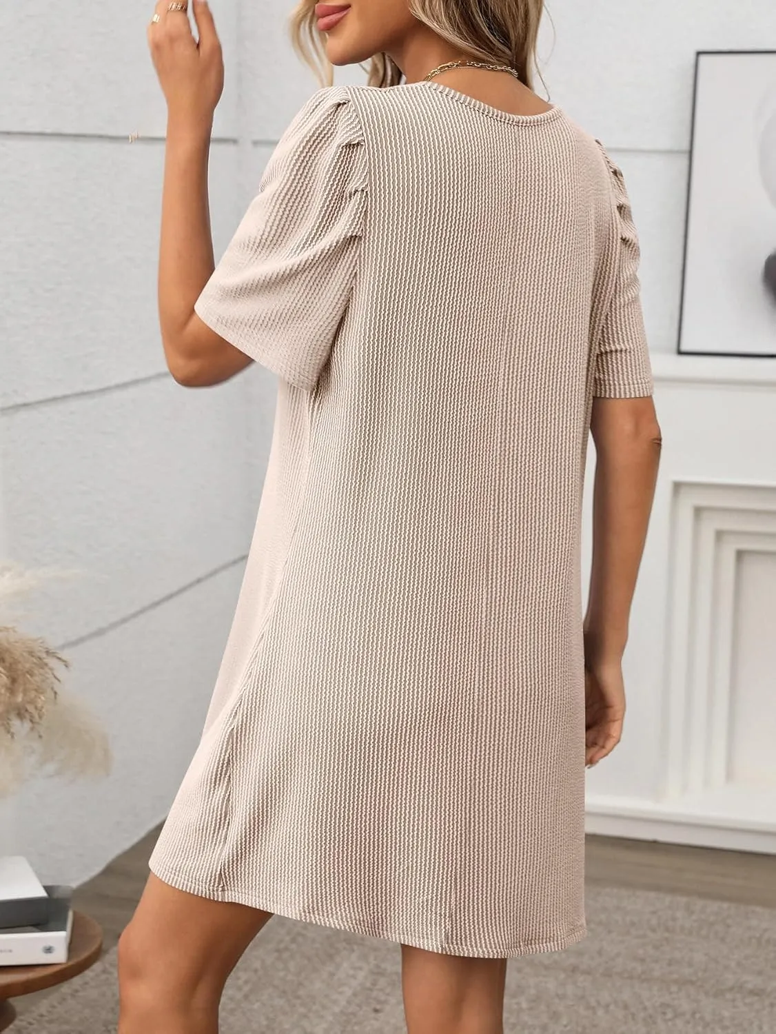 Women's A Line Dress Formal Maxi Dresses Spring V Neck Casual Flowy Dresses Stripe Bubble Short Sleeve Sundress