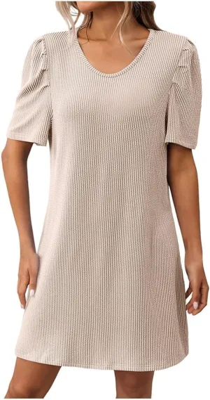Women's A Line Dress Formal Maxi Dresses Spring V Neck Casual Flowy Dresses Stripe Bubble Short Sleeve Sundress