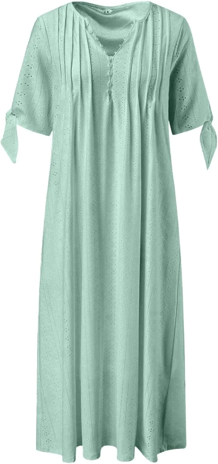 Womens Beach Casual Summer Dress V Neck Short Sleeve Boho Floral Maxi Sundress Tiered Ruffle with Pockets