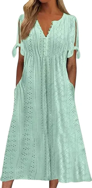 Womens Beach Casual Summer Dress V Neck Short Sleeve Boho Floral Maxi Sundress Tiered Ruffle with Pockets
