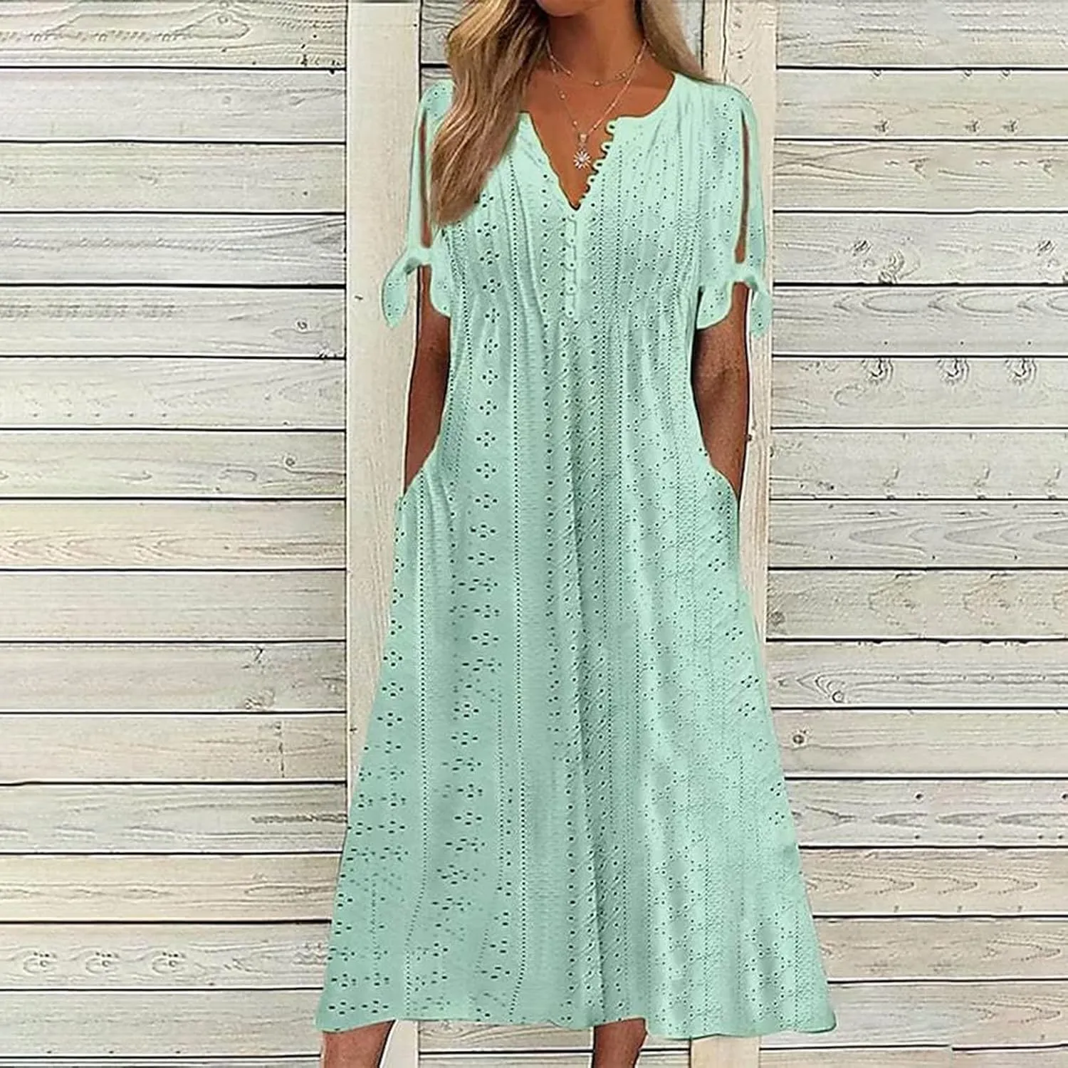 Womens Beach Casual Summer Dress V Neck Short Sleeve Boho Floral Maxi Sundress Tiered Ruffle with Pockets