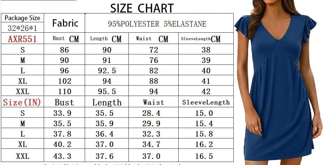 Women's Beach Leisure Deep V-Neck Pleated Ruffle Sleeve Dress Casual A-Line Mini Dresses Crew Neck Shift Sundress