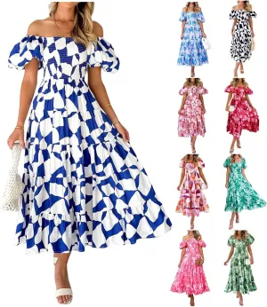 Womens Boho Floral Dress Long Square Neck Puff Short Sleeve Dress Casual Flowy Beach Vacation Sundress
