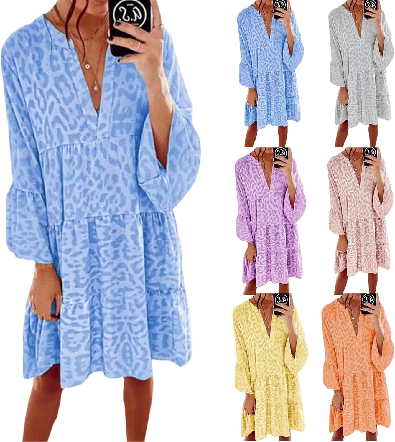 Women's Boho Tshirt Dress Casual V Neck Long Sleeve Tunic Dresses Trendy Pleated Beach Vacation Dress