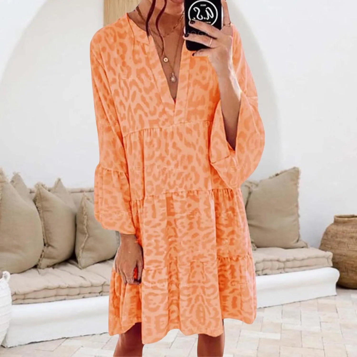 Women's Boho Tshirt Dress Casual V Neck Long Sleeve Tunic Dresses Trendy Pleated Beach Vacation Dress