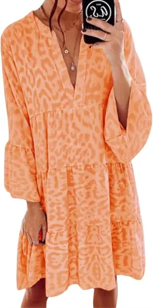 Women's Boho Tshirt Dress Casual V Neck Long Sleeve Tunic Dresses Trendy Pleated Beach Vacation Dress