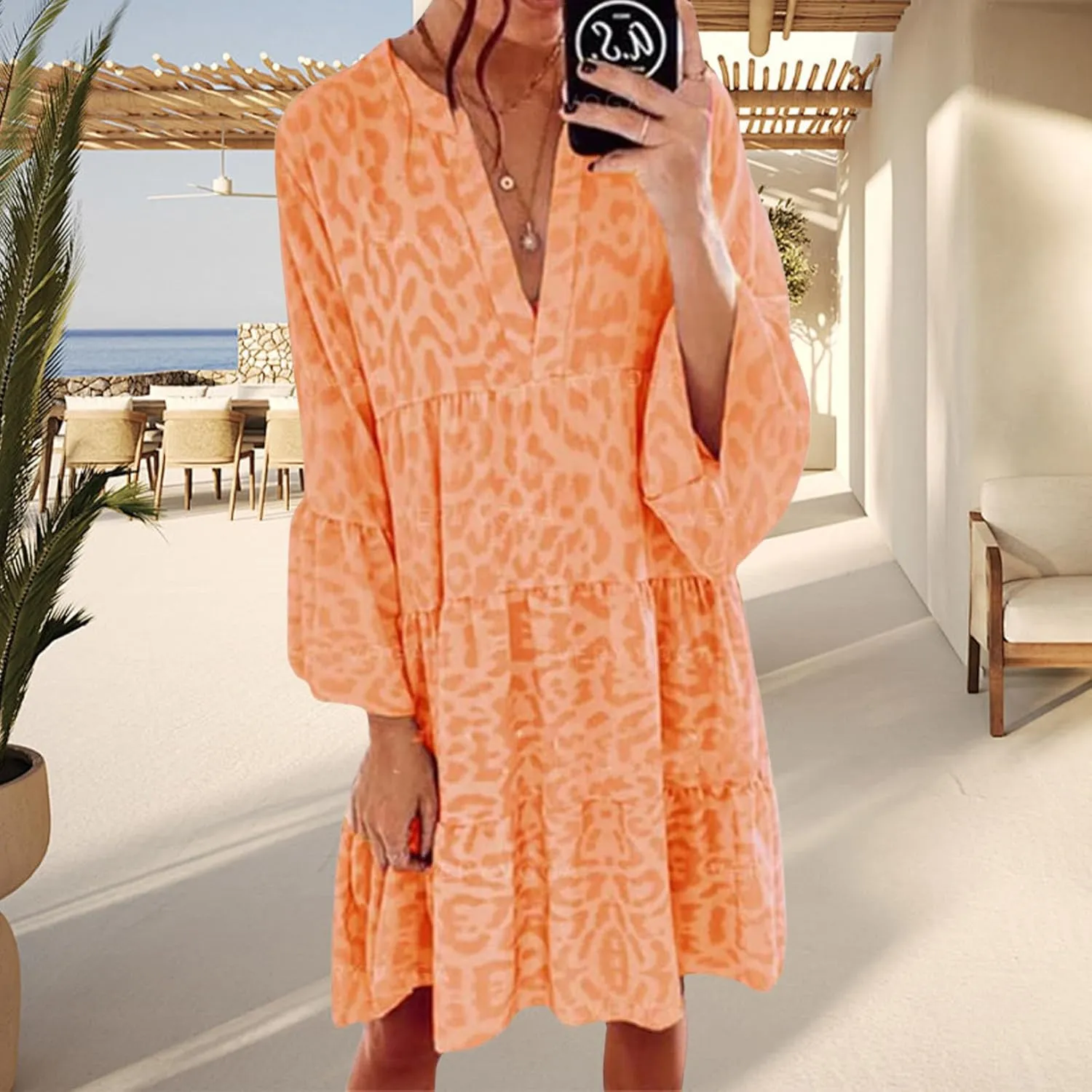 Women's Boho Tshirt Dress Casual V Neck Long Sleeve Tunic Dresses Trendy Pleated Beach Vacation Dress