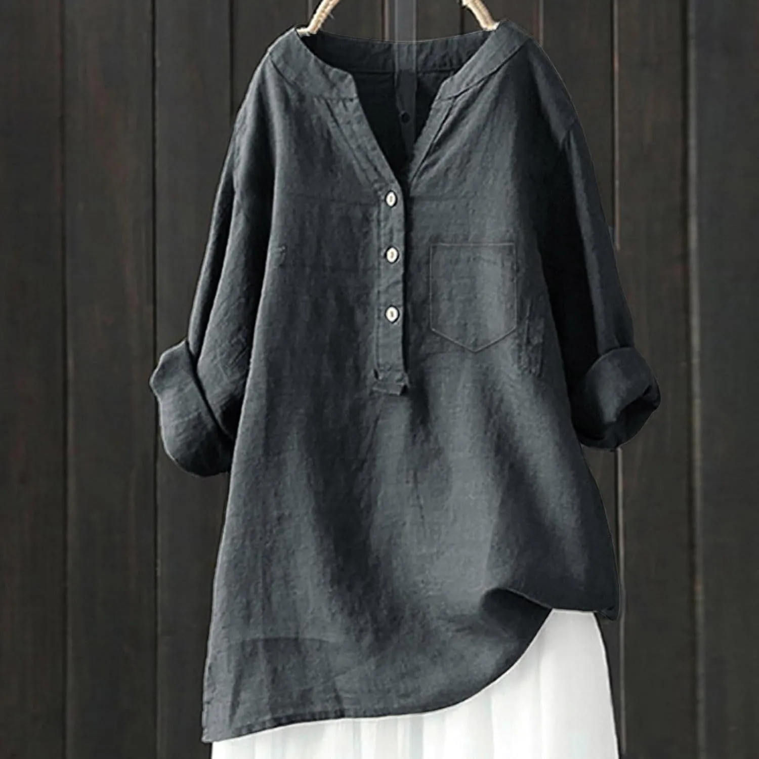 Womens Button Down Shirts Plain Solid Long Sleeve Linen Summer Casual Business Work Blouse Top Loose Fit Top