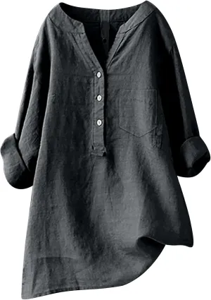 Womens Button Down Shirts Plain Solid Long Sleeve Linen Summer Casual Business Work Blouse Top Loose Fit Top