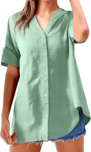 Womens Button Down Shirts Plain Solid Long Sleeve Linen Summer Casual Business Work Blouse Top Loose Fit Top