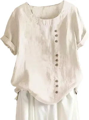 Womens Button Down Shirts Plain Solid Long Sleeve Linen Summer Casual Business Work Blouse Top Loose Fit Top