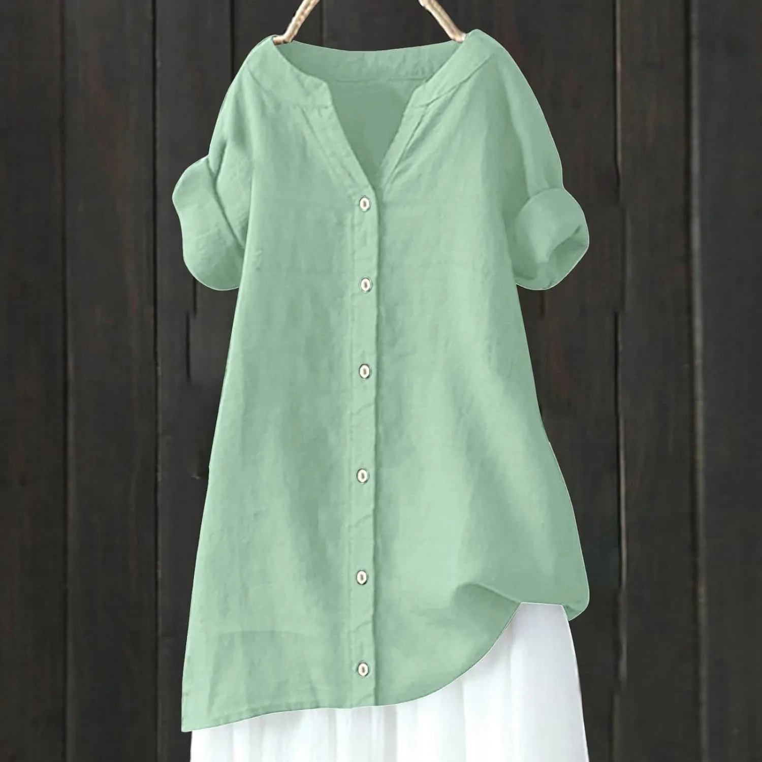 Womens Button Down Shirts Plain Solid Long Sleeve Linen Summer Casual Business Work Blouse Top Loose Fit Top