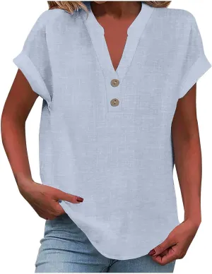 Women's Button Linen Short Sleeve T-Shirt Summer Vintage Casual Oversized Tee Shirt Crew Neck Loose Tshirt