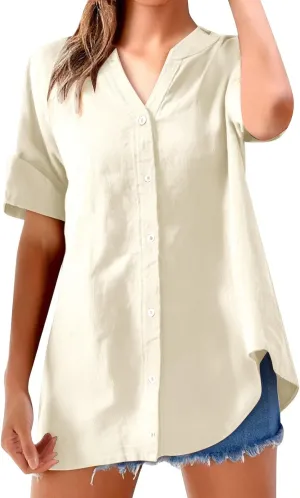 Women's Buttons Shirt Linen Long/Roll Up Sleeve V-Neck Soft Shirt Casual Loose Fit Office Blouses Tunic Tops