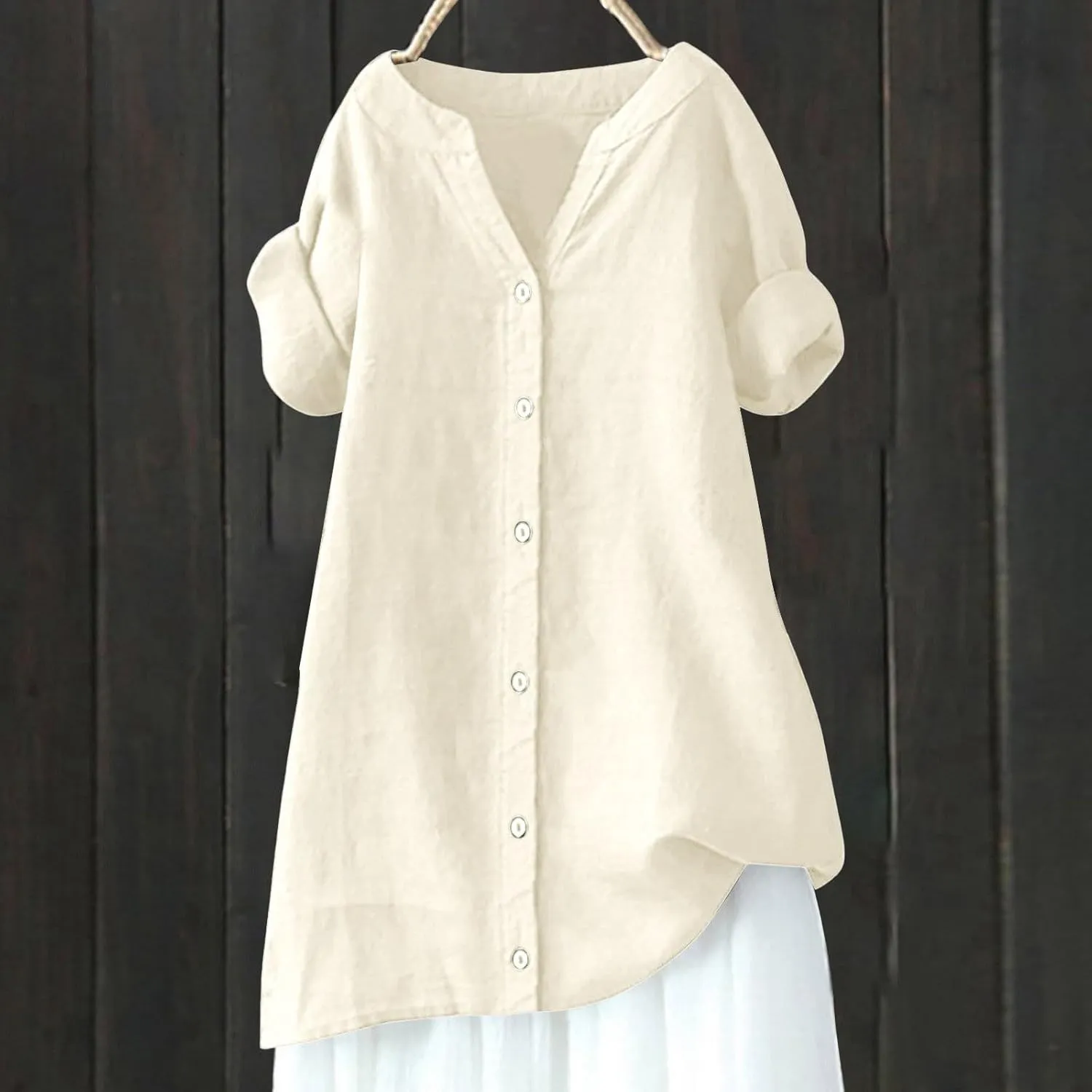 Women's Buttons Shirt Linen Long/Roll Up Sleeve V-Neck Soft Shirt Casual Loose Fit Office Blouses Tunic Tops