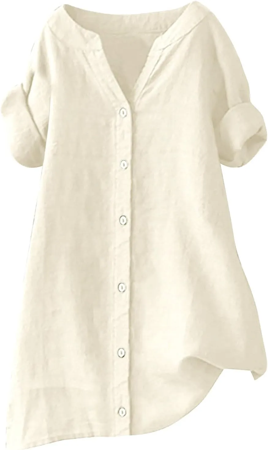 Women's Buttons Shirt Linen Long/Roll Up Sleeve V-Neck Soft Shirt Casual Loose Fit Office Blouses Tunic Tops